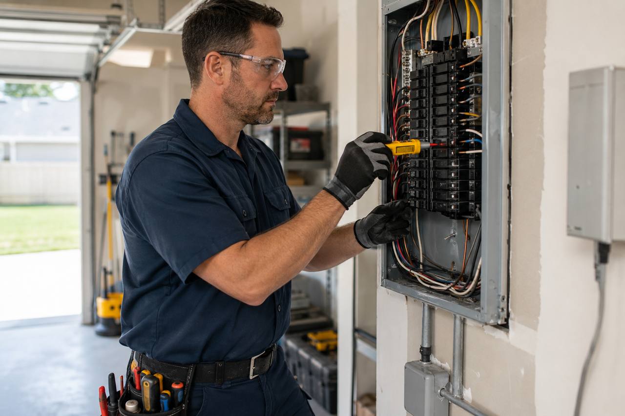 Electrician working on a residential electrical panel