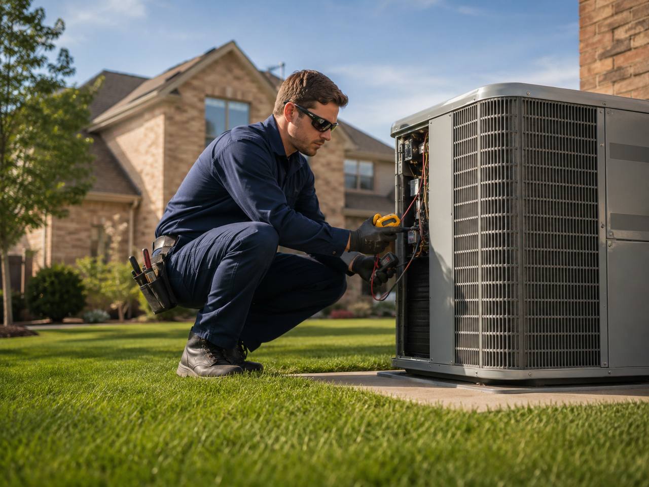 HVAC technician working on residential air conditioning unit